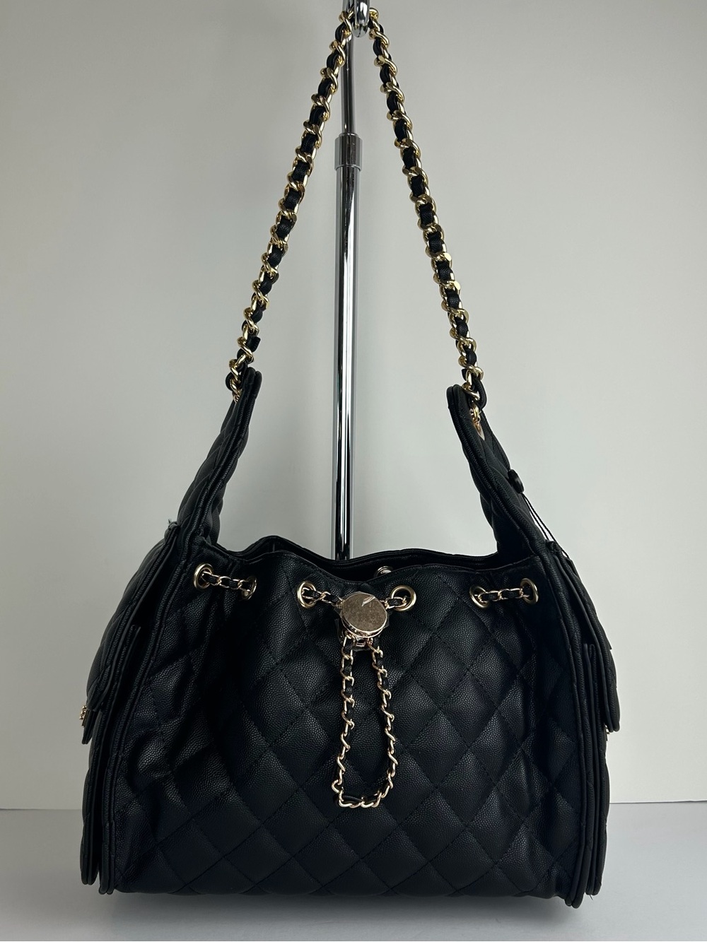 NWT BC Bags Handbag Tote Vegan Leather Black Pebbled Quilted Single Strap Pocket